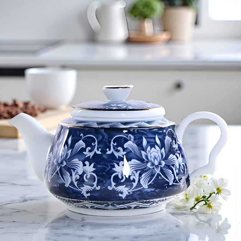 Jolie théière bleue fleur blanche