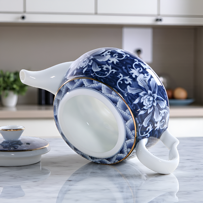 Jolie théière bleue fleur blanche