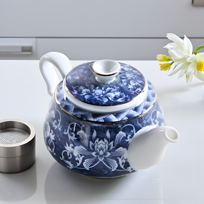Jolie théière bleue fleur blanche