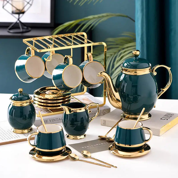 Service à Thé 6 Tasses Avec Support Chromé – Porcelaine Colorée (bleu, Mauve, Jaune, Rouge…) – Micro-ondes Et Lave-vaisselle