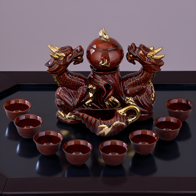 Service à thé chinois doré et marron motif relief