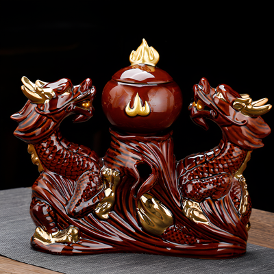 Service à thé chinois doré et marron motif relief