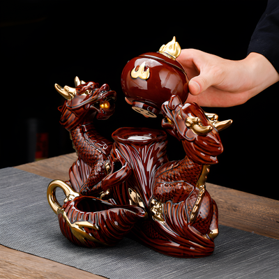 Service à thé chinois doré et marron motif relief