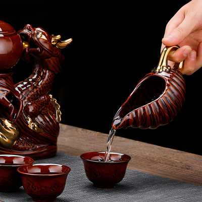 Service à thé chinois doré et marron motif relief