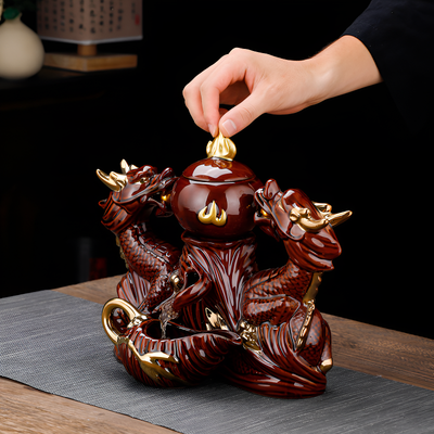 Service à thé chinois doré et marron motif relief