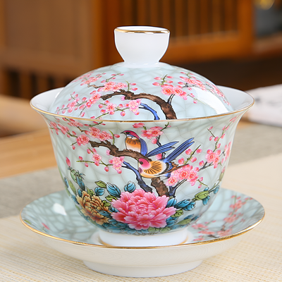 Service à thé chinois en porcelaine decor oiseau