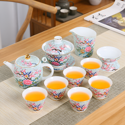 Service à thé chinois en porcelaine decor oiseau