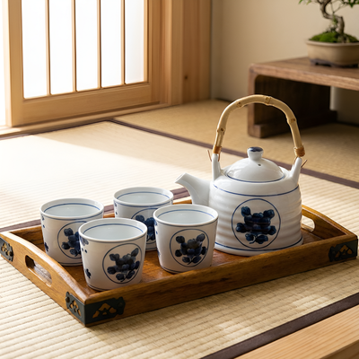 Service à thé japonais bleu blanc