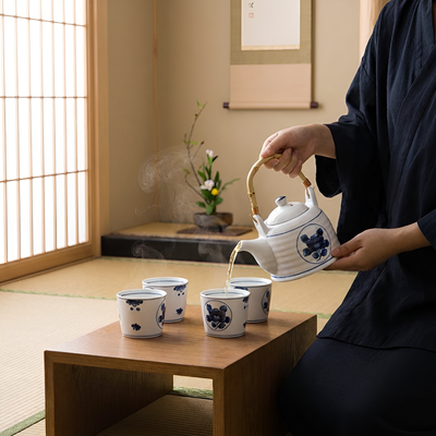 Service à thé japonais bleu blanc