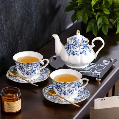 Service à thé porcelaine blanc et bleu